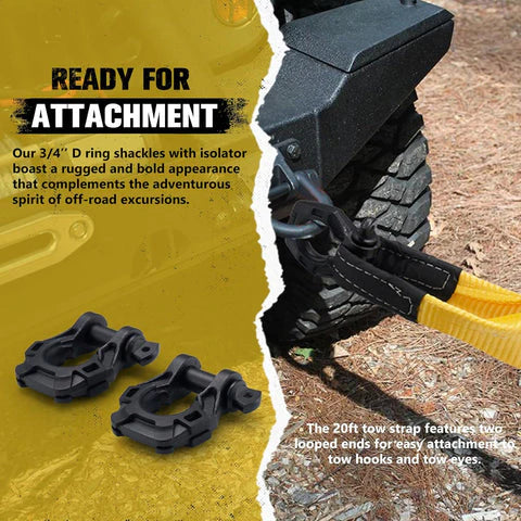 3" x 20ft Recovery Straps + Pair 3/4 D Ring Shackles + Bag 35,000 lbs Tree Saver Winch Strap - image 5