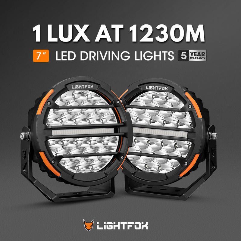 Two 7-inch LED driving lights with Lightfox branding on a dark background