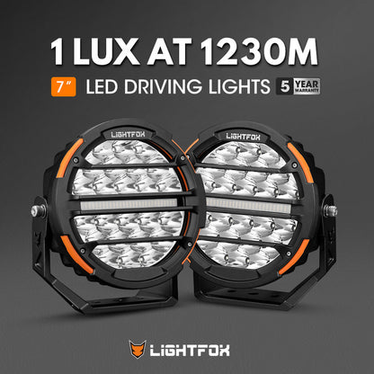 Two 7-inch LED driving lights with Lightfox branding on a dark background