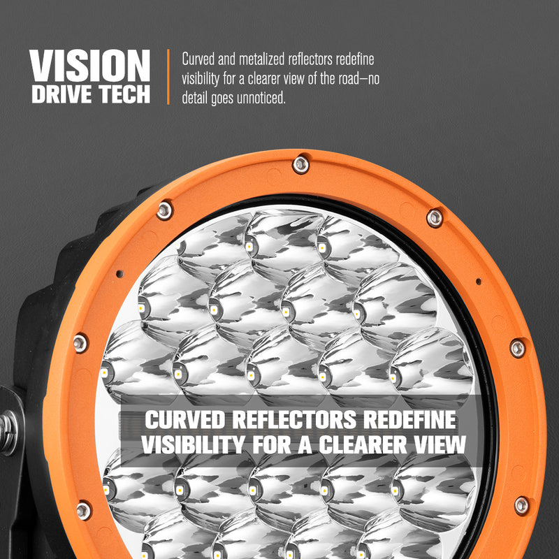 Orange and black vehicle light with reflective surface and Vision Drive Tech branding