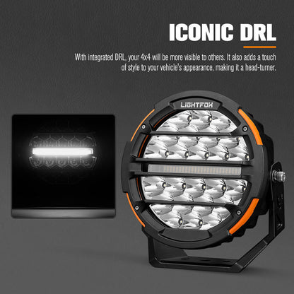 Two LED lights with Lightfox branding on a dark background, featuring text about DRLs