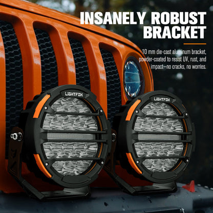 Two Lightfox off-road lights with an orange vehicle grille in the background