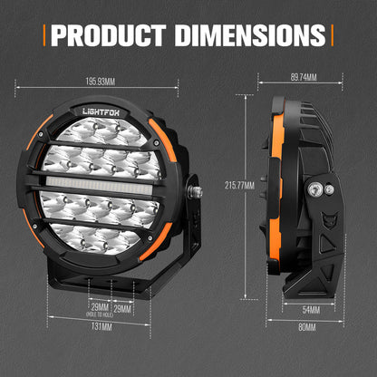 Lightfox off-road light with dimensions on a gray background