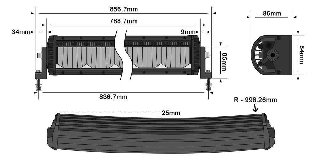 STEDI Marine White Curved 31 inch ST2K 12 LED Light Bar dimensions diagram